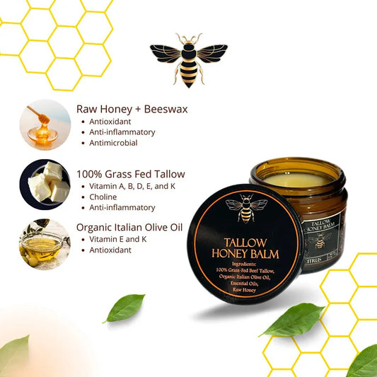 Organic Grass-Fed Beef Tallow Balm with Raw Honey - 60g for Men and Women