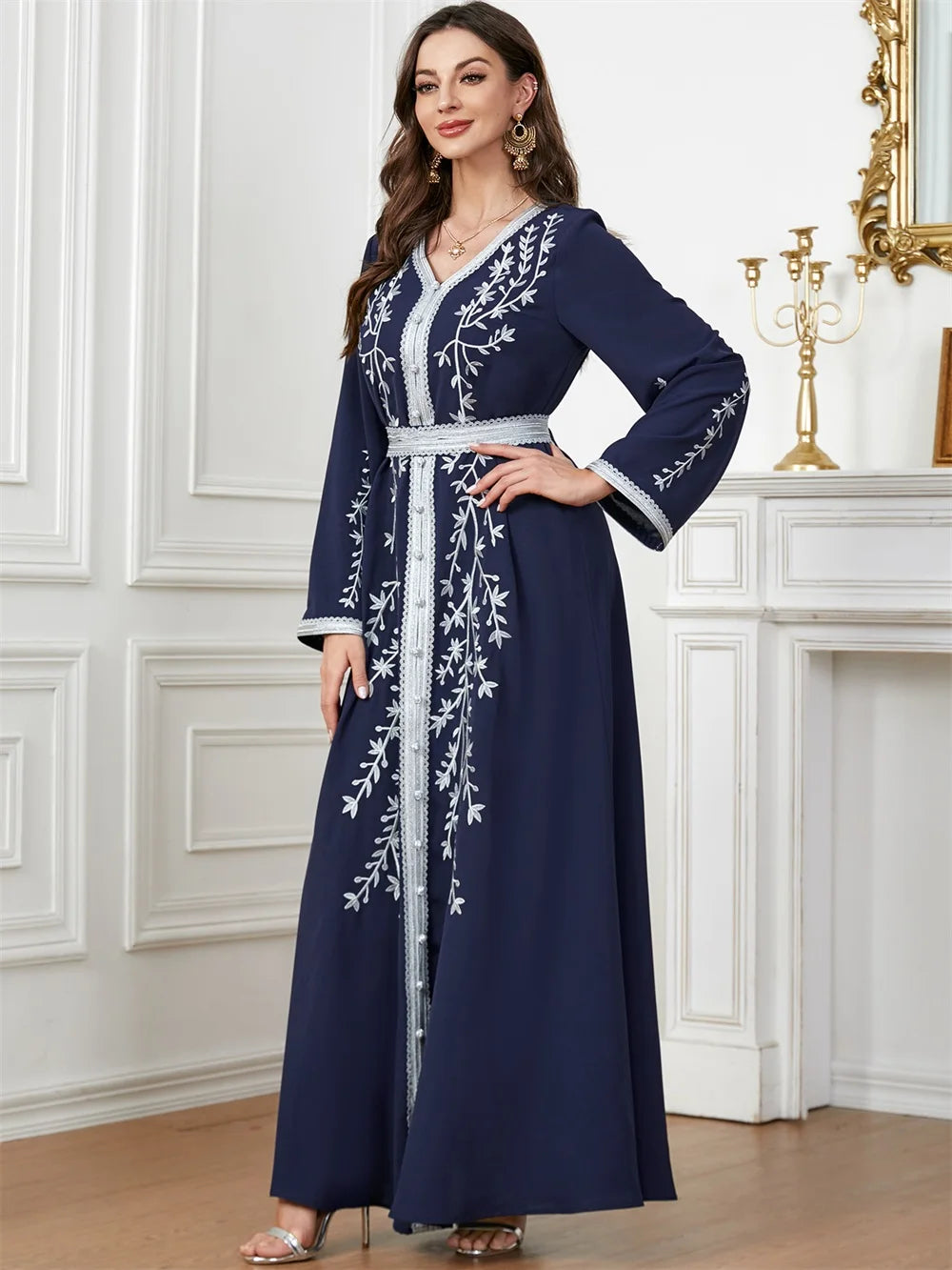 Trendy Dubai V-Neck Abaya Dress