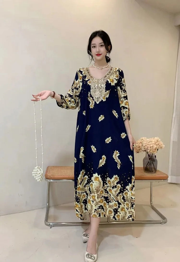 Casual Vintage Embroidery Muslim Dress