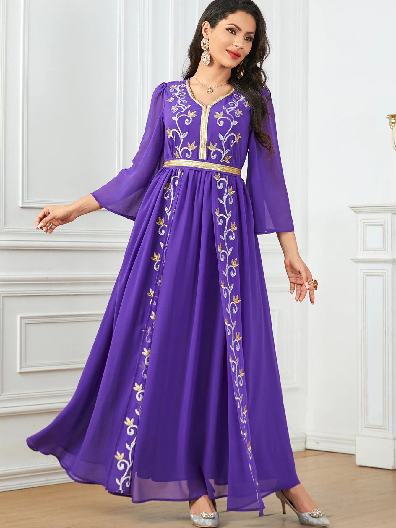 Elegant Embroidered Belted Long-Sleeve Party Dress