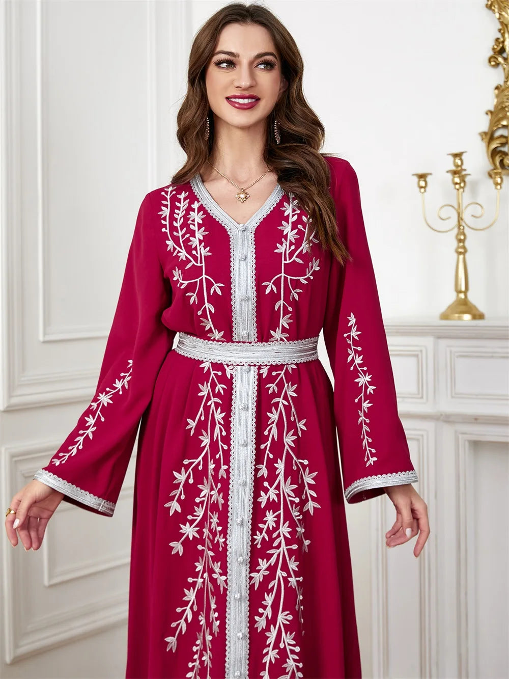 Trendy Dubai V-Neck Abaya Dress