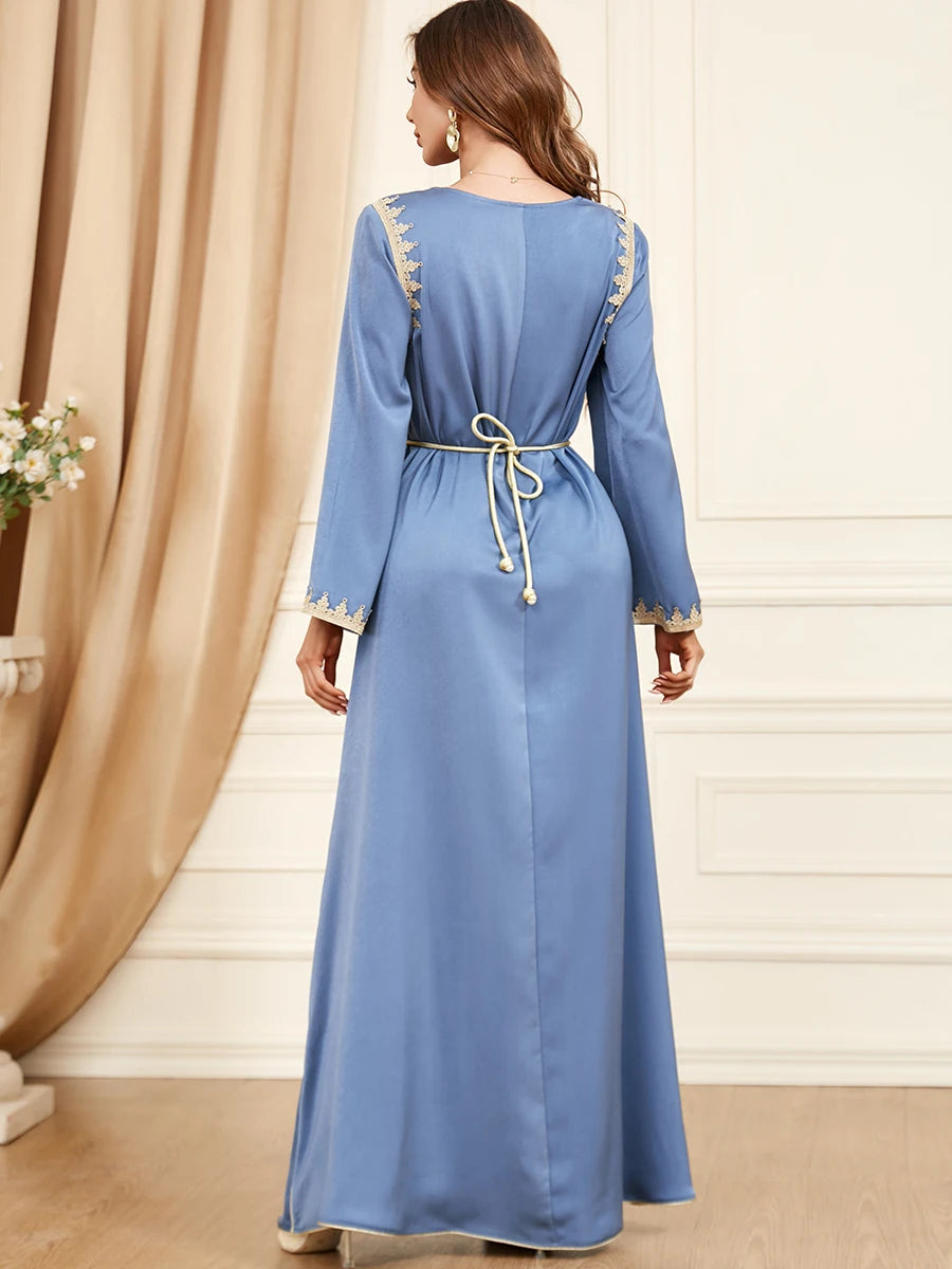 Dubai Style Belted V-Neck Abaya Maxi Dress