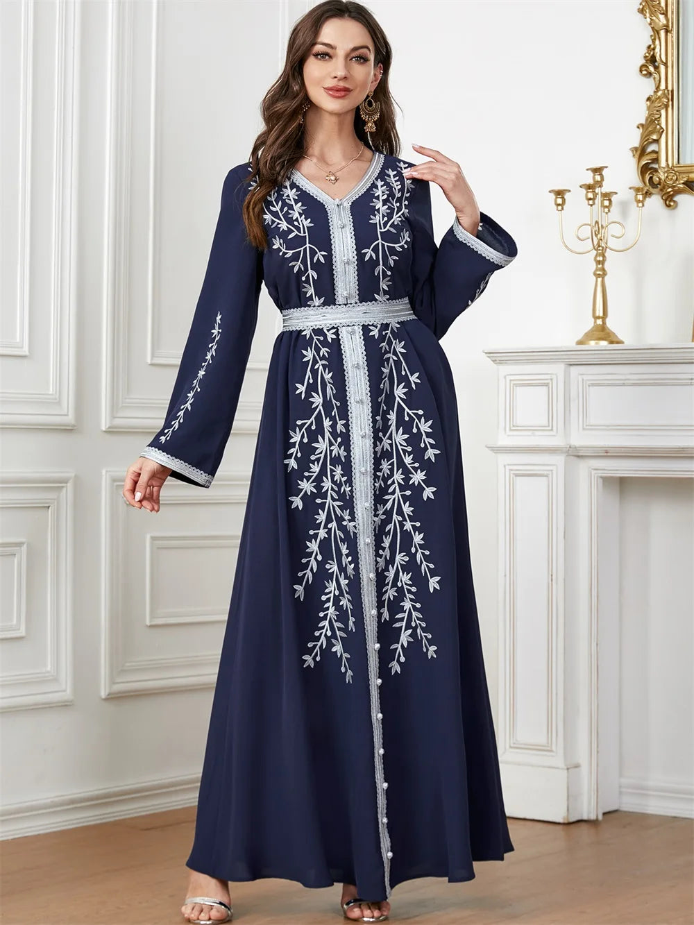 Trendy Dubai V-Neck Abaya Dress