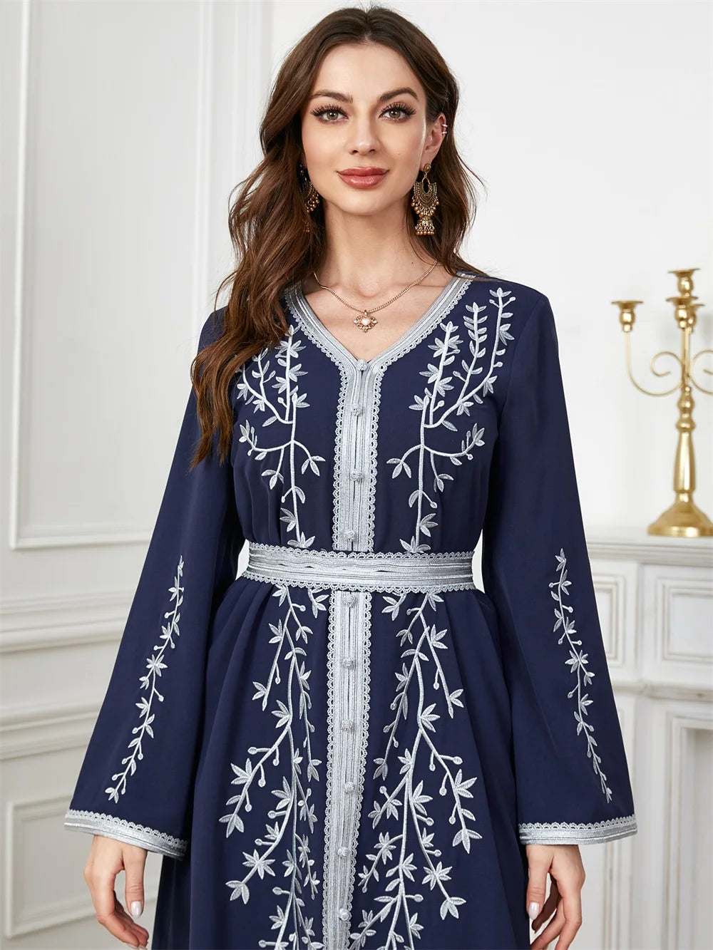 Trendy Dubai V-Neck Abaya Dress