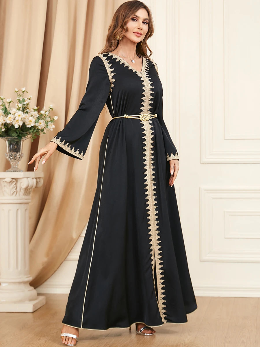 Dubai Style Belted V-Neck Abaya Maxi Dress