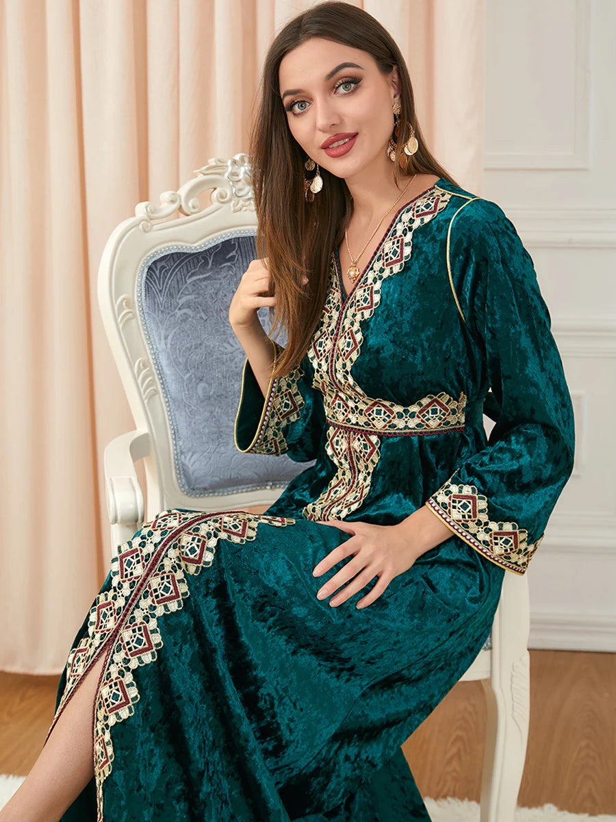 Velvet Embroidered Abaya - Dubai Style Dress