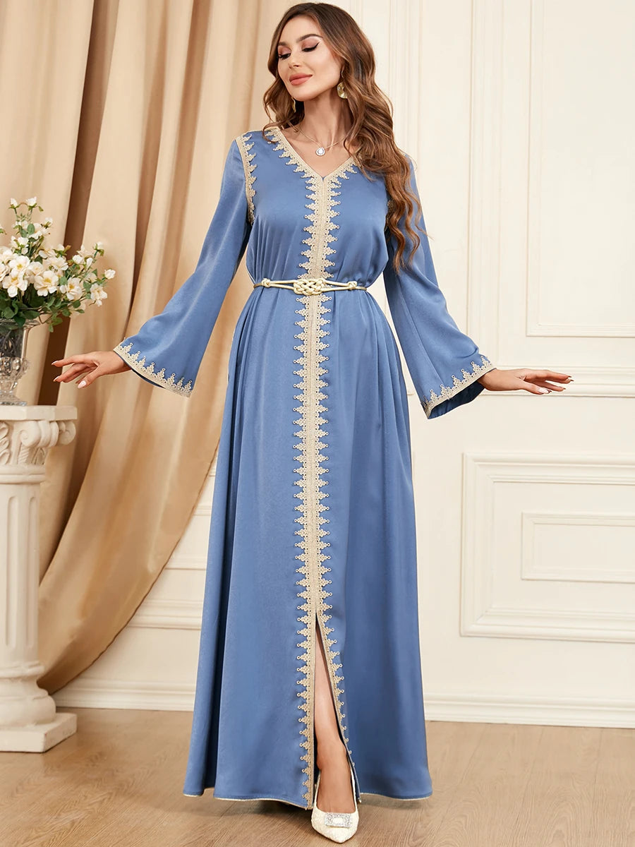 Dubai Style Belted V-Neck Abaya Maxi Dress