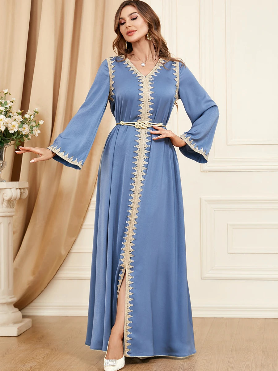 Dubai Style Belted V-Neck Abaya Maxi Dress