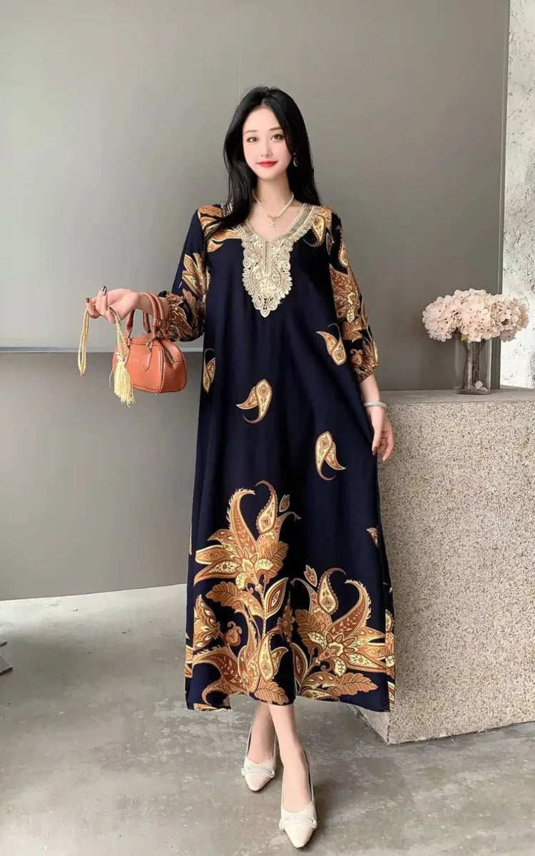 Casual Vintage Embroidery Muslim Dress