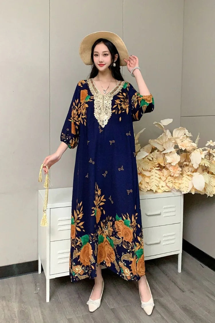 Casual Vintage Embroidery Muslim Dress