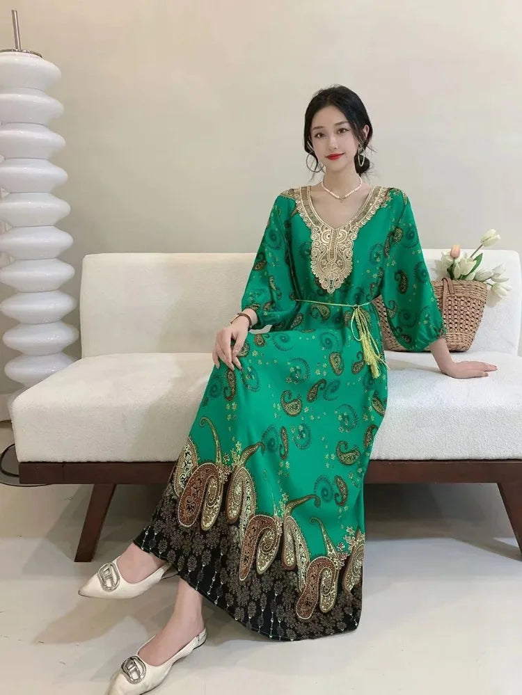 Casual Vintage Embroidery Muslim Dress