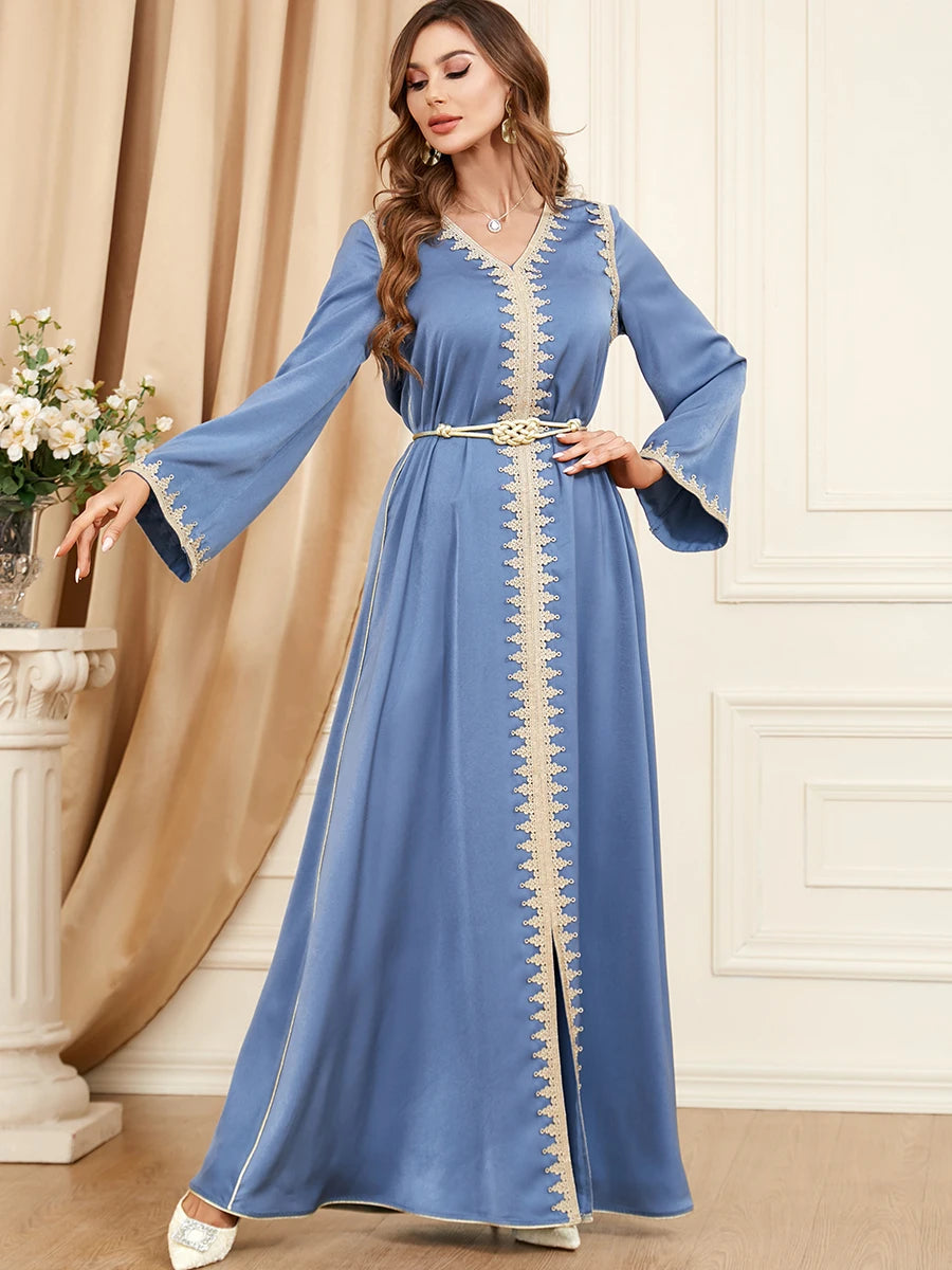 Dubai Style Belted V-Neck Abaya Maxi Dress