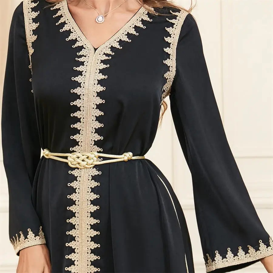 Dubai Style Belted V-Neck Abaya Maxi Dress