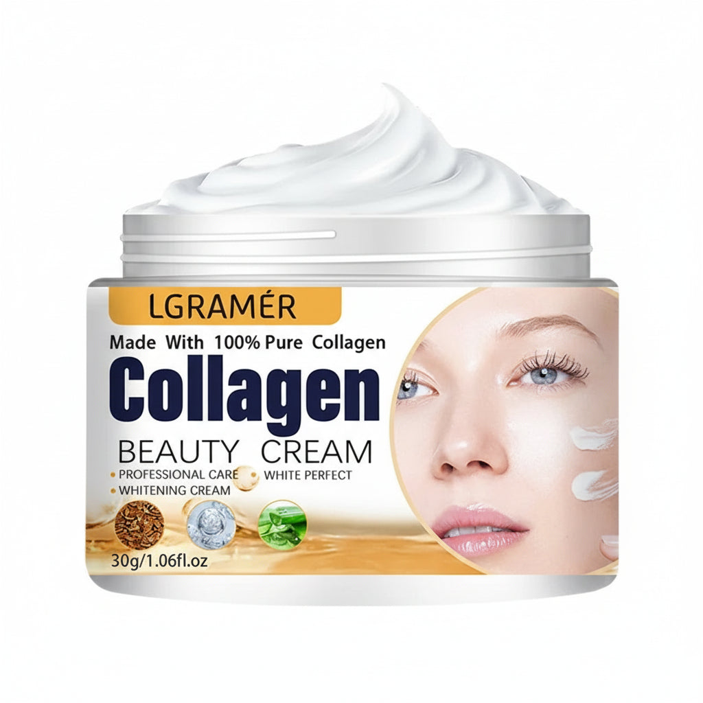 Collagen beauty cream jar with a woman's face on the label, featuring LGRAMéR branding.