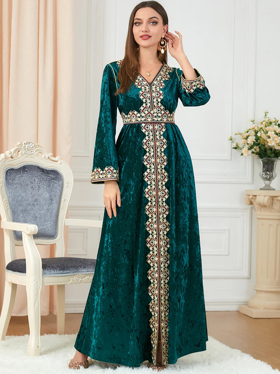 Velvet Embroidered Abaya - Dubai Style Dress