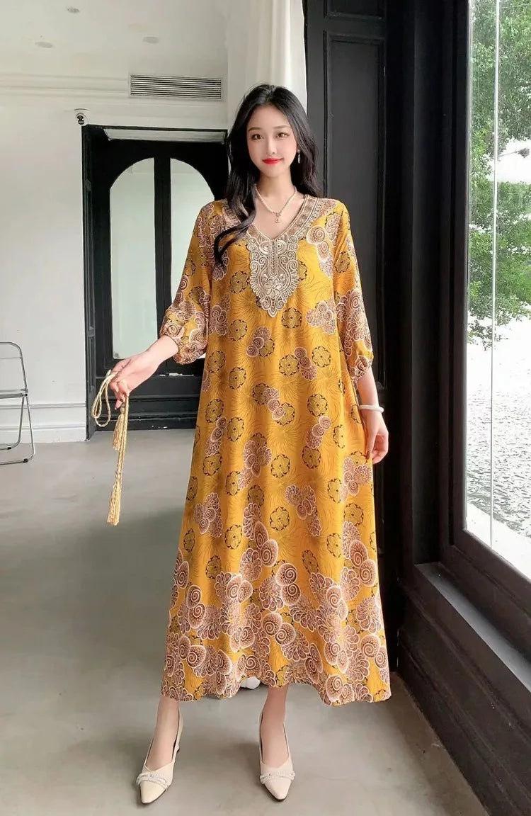 Casual Vintage Embroidery Muslim Dress