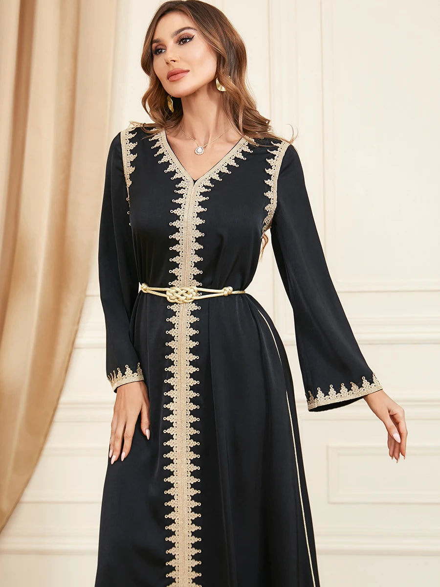 Dubai Style Belted V-Neck Abaya Maxi Dress