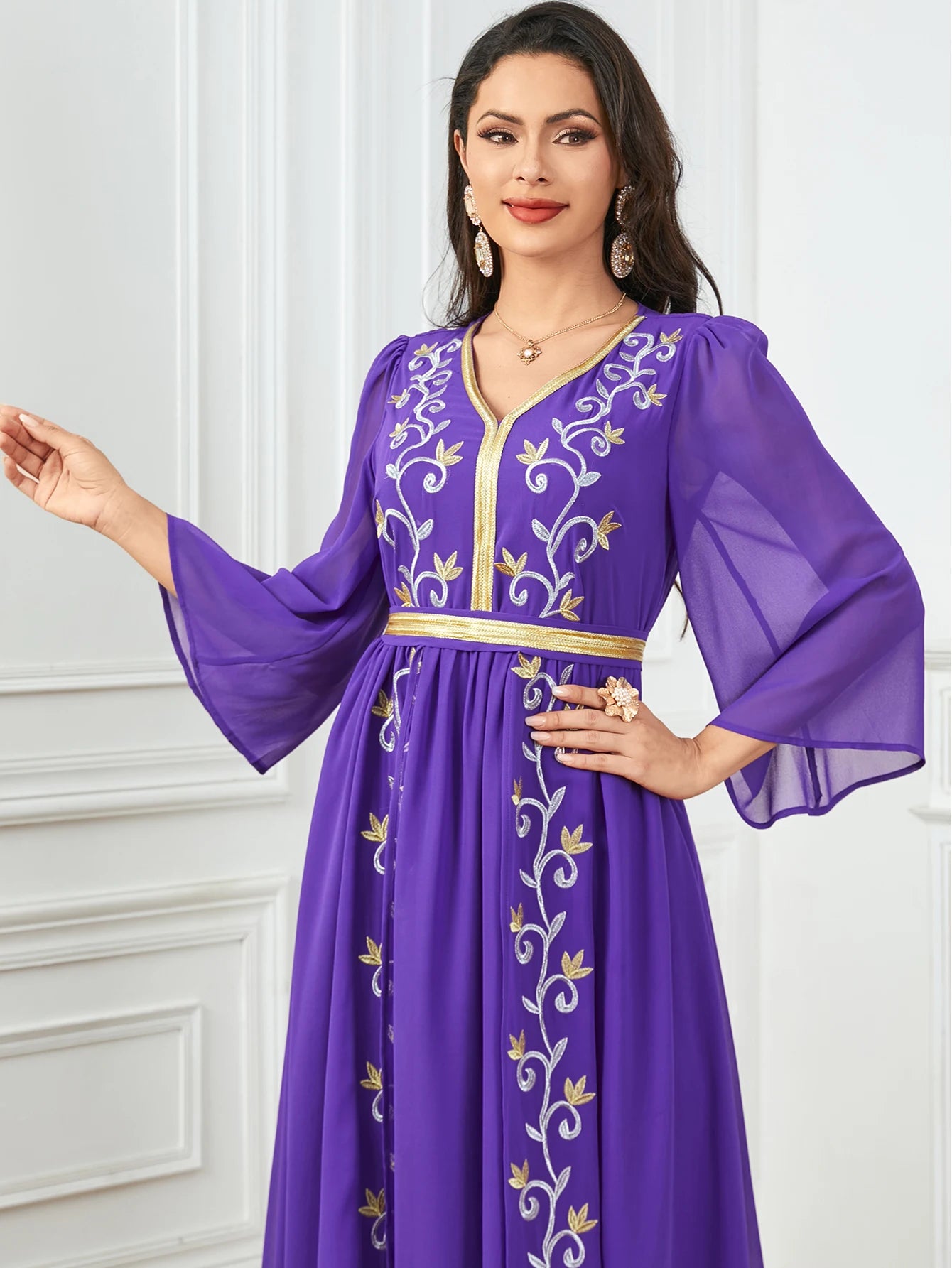 Elegant Embroidered Belted Long-Sleeve Party Dress