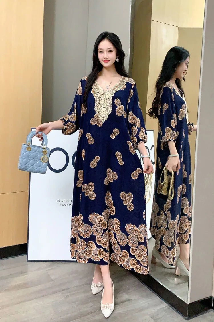 Casual Vintage Embroidery Muslim Dress