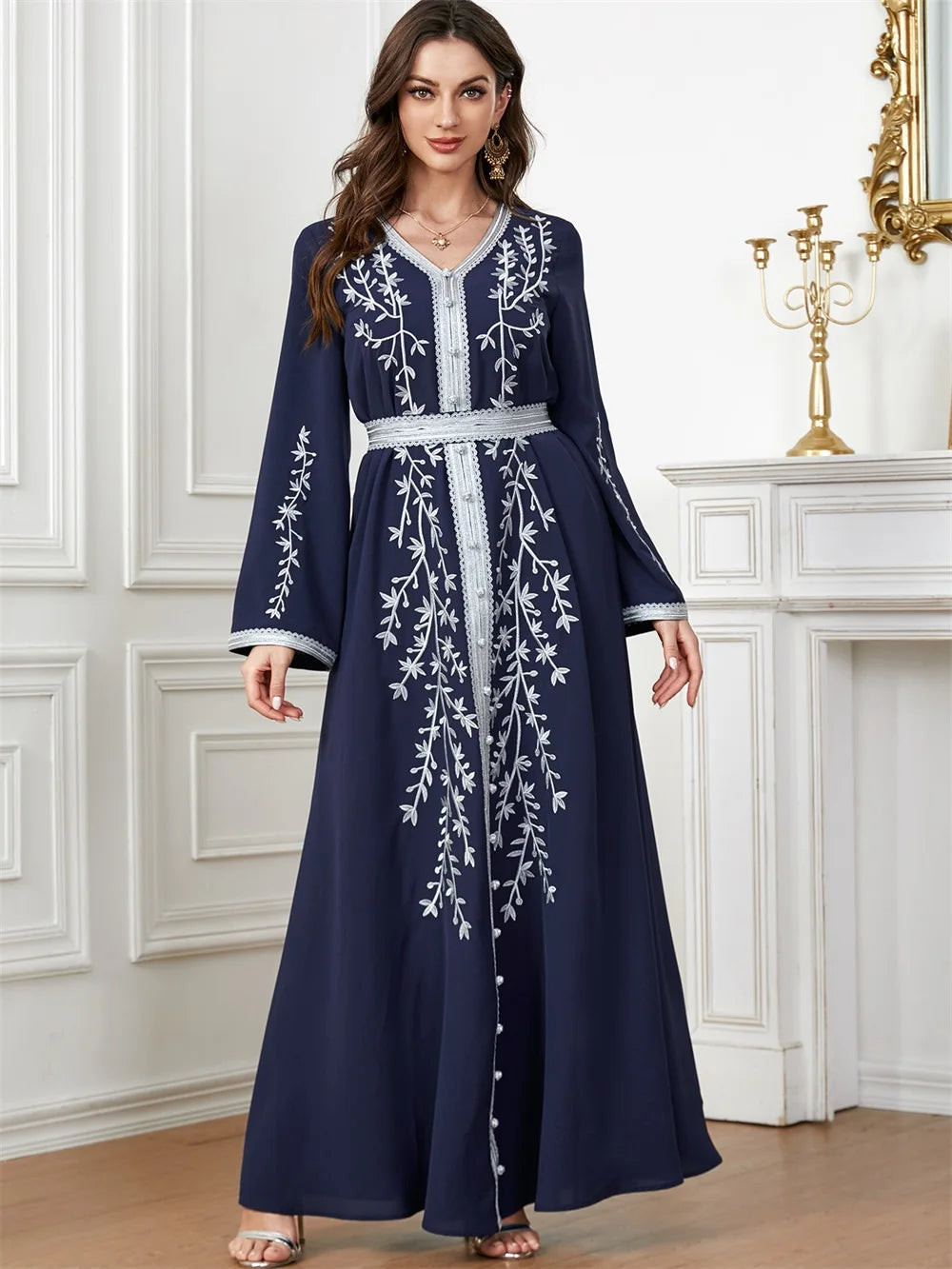 Trendy Dubai V-Neck Abaya Dress