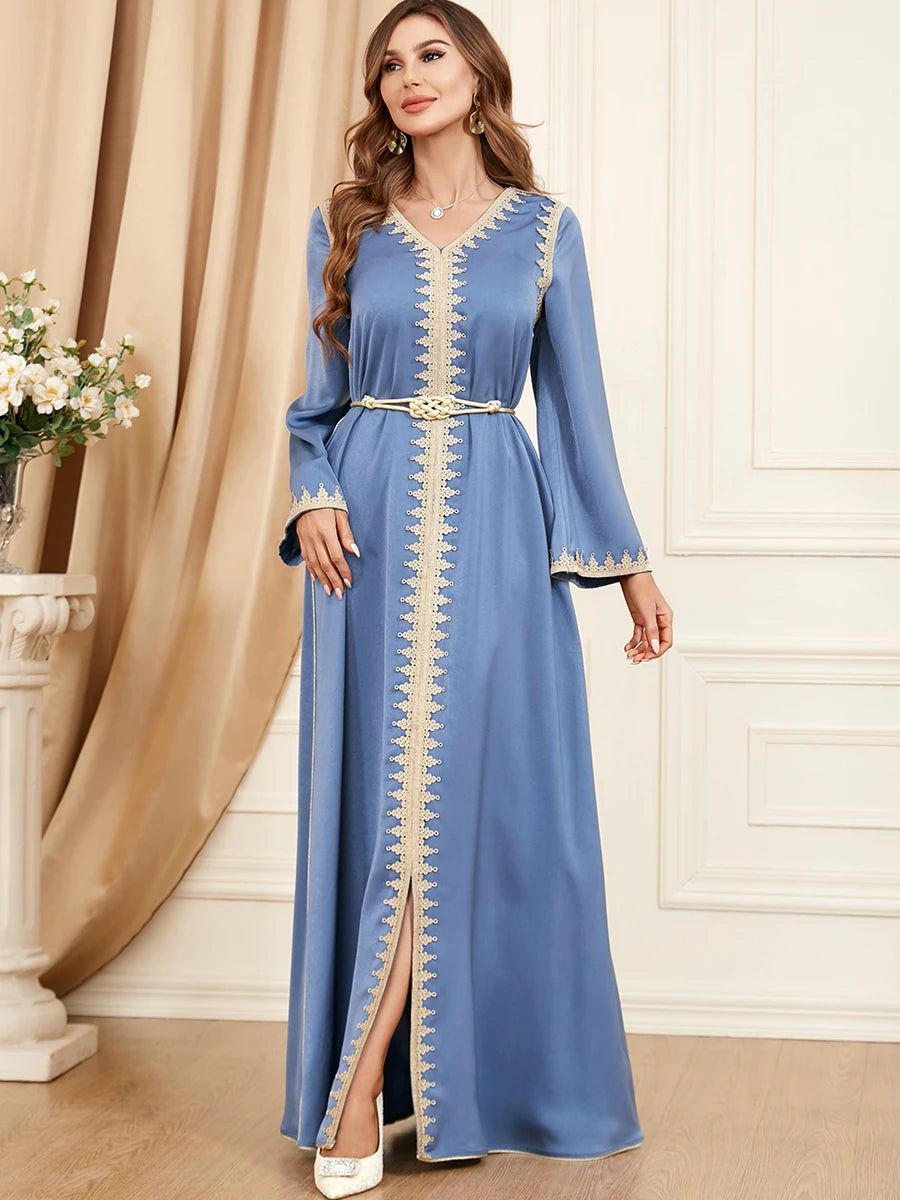 Dubai Style Belted V-Neck Abaya Maxi Dress