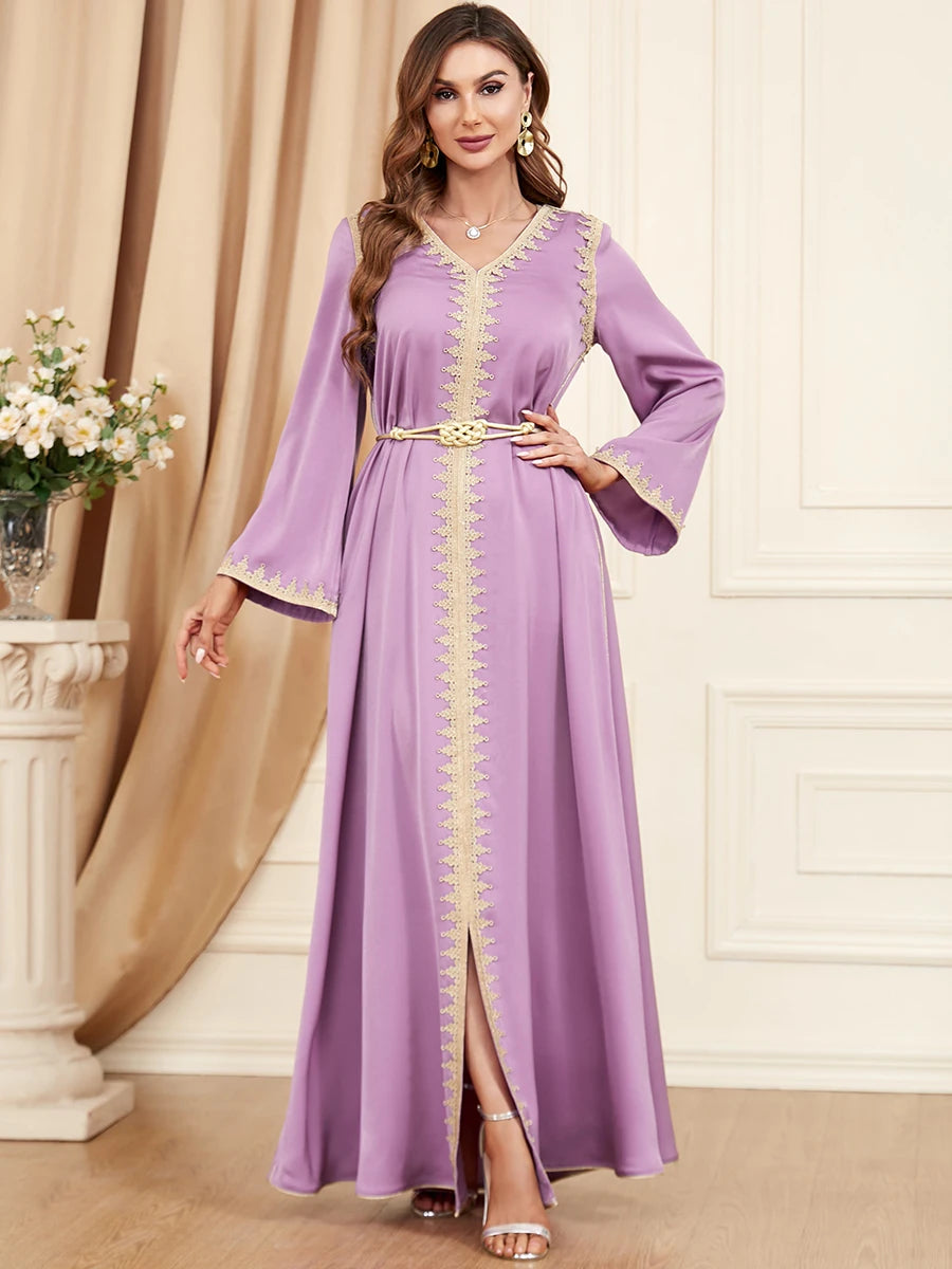 Dubai Style Belted V-Neck Abaya Maxi Dress