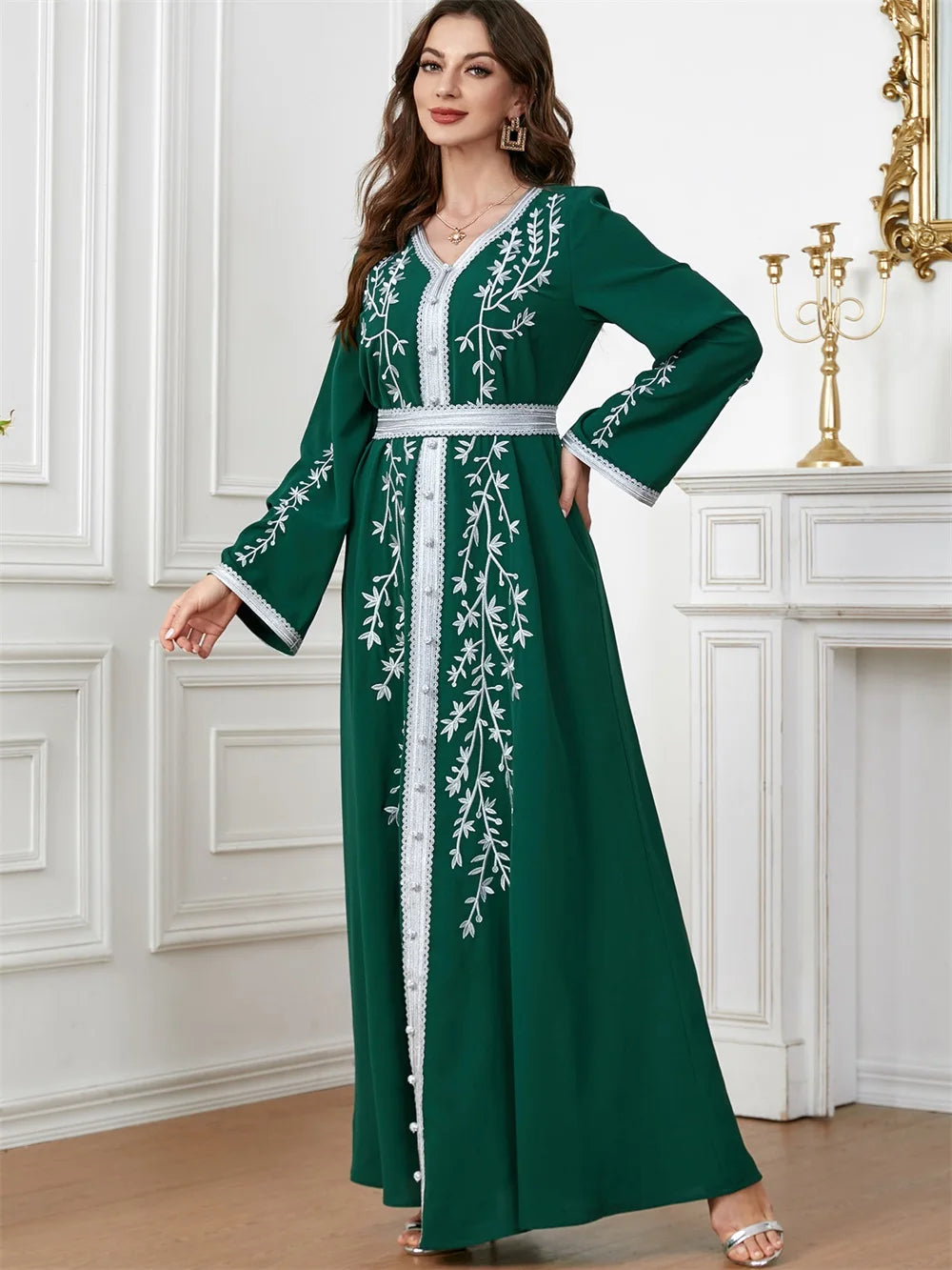 Trendy Dubai V-Neck Abaya Dress