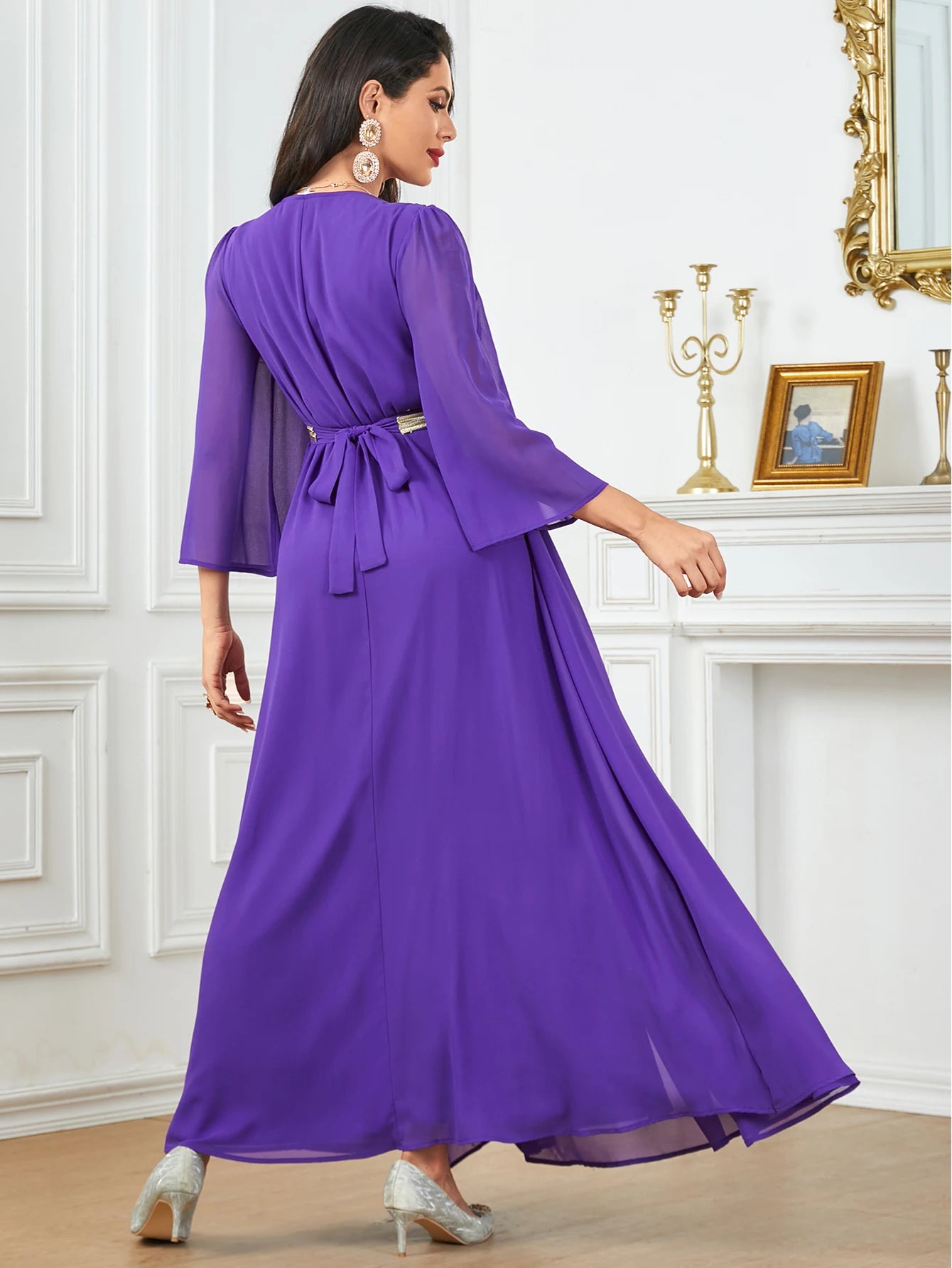 Elegant Embroidered Belted Long-Sleeve Party Dress