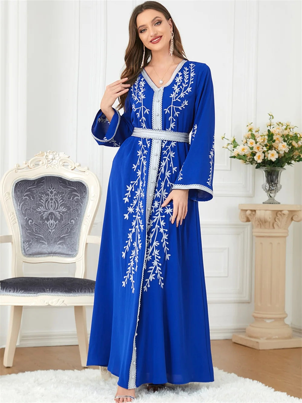 Trendy Dubai V-Neck Abaya Dress