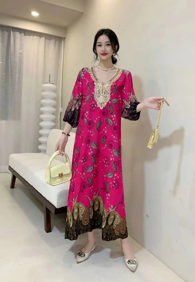 Casual Vintage Embroidery Muslim Dress