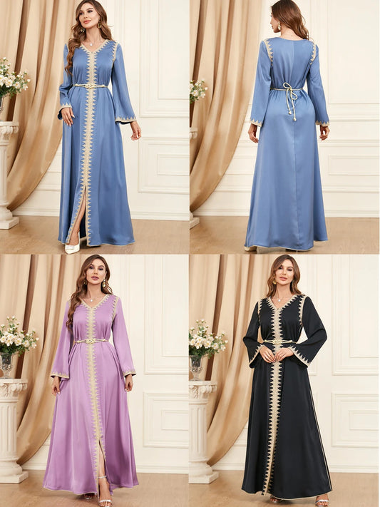 Dubai Style Belted V-Neck Abaya Maxi Dress