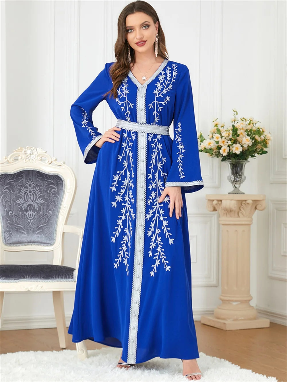 Trendy Dubai V-Neck Abaya Dress