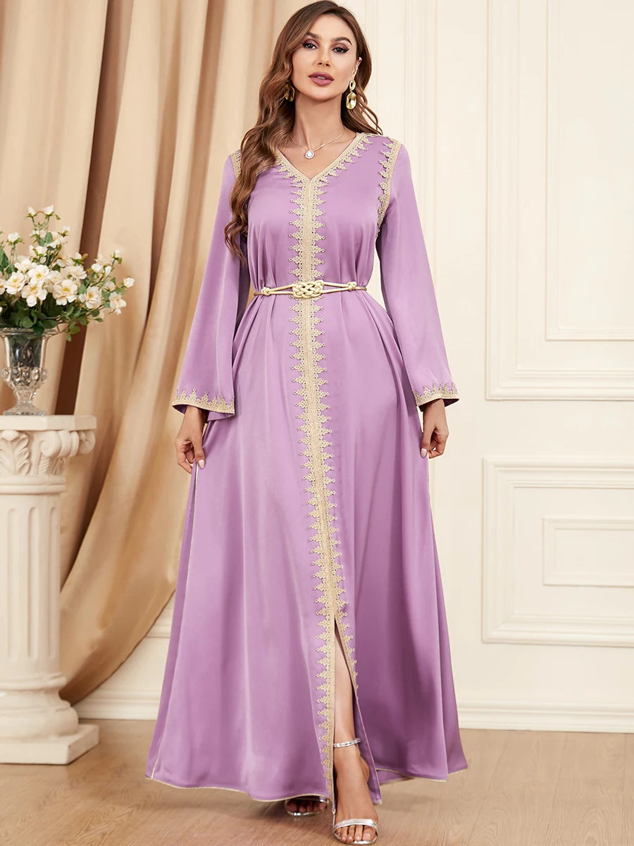 Dubai Style Belted V-Neck Abaya Maxi Dress