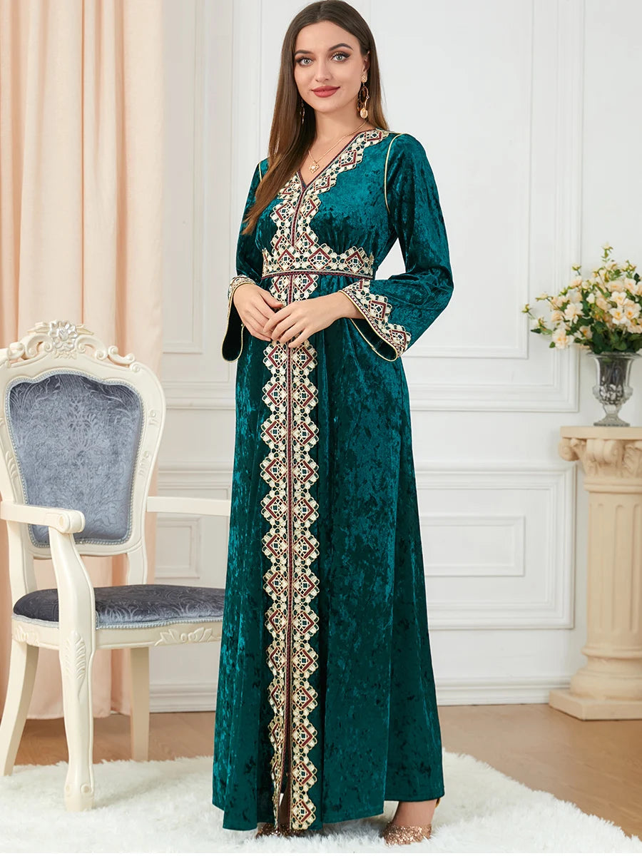 Velvet Embroidered Abaya - Dubai Style Dress