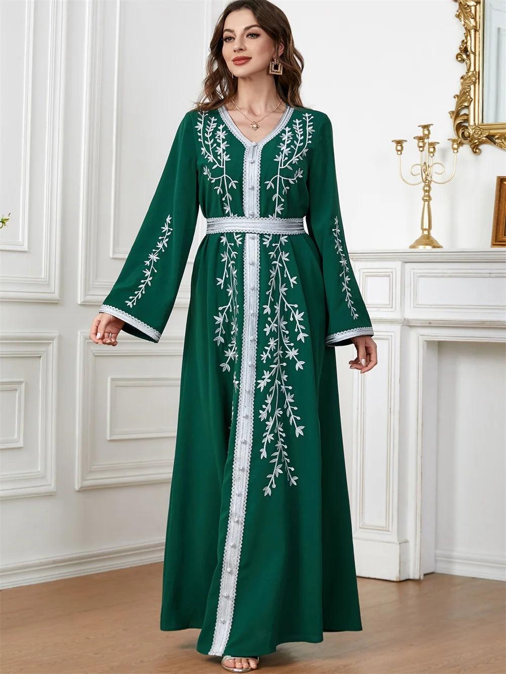 Trendy Dubai V-Neck Abaya Dress