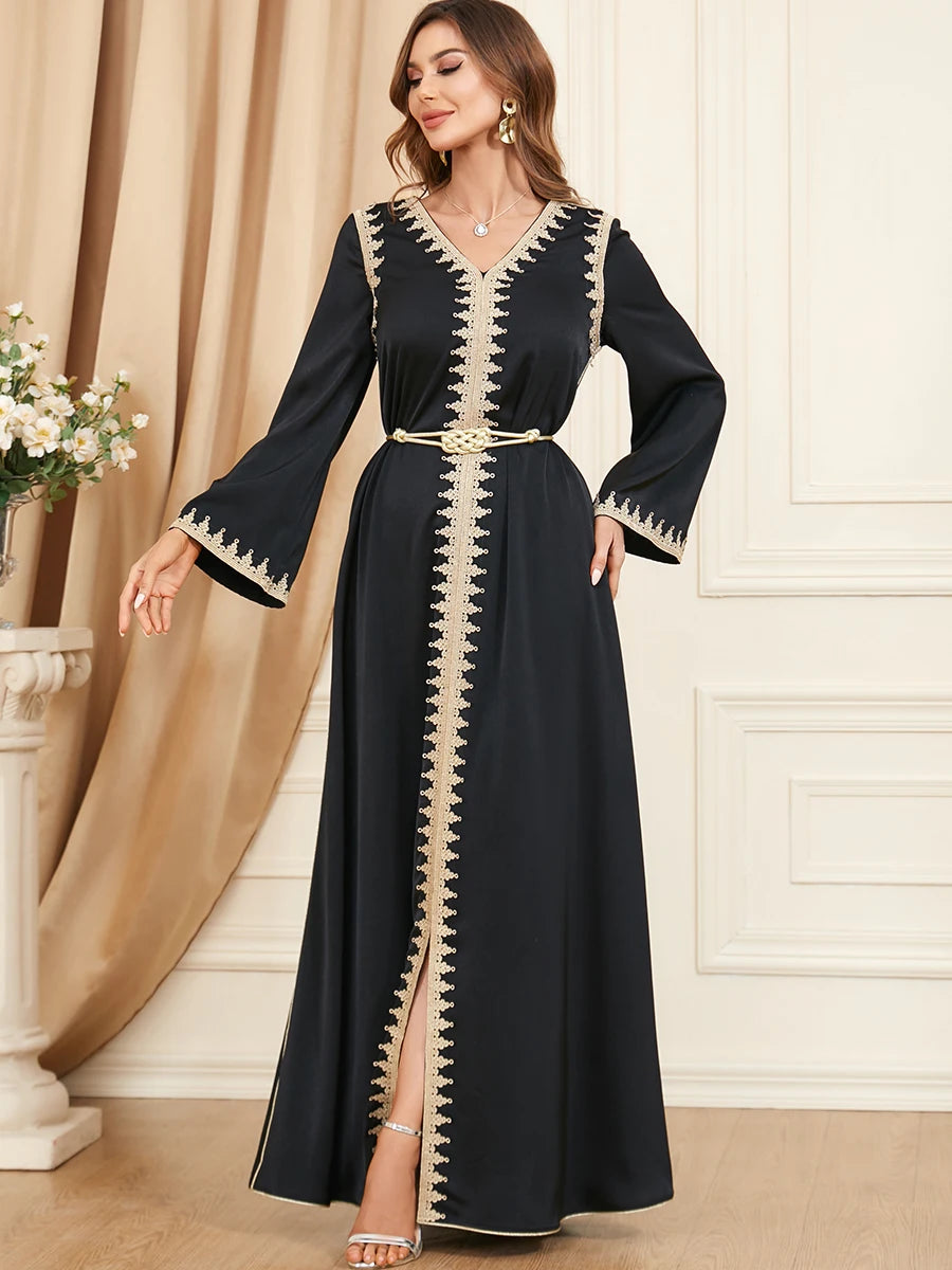 Dubai Style Belted V-Neck Abaya Maxi Dress