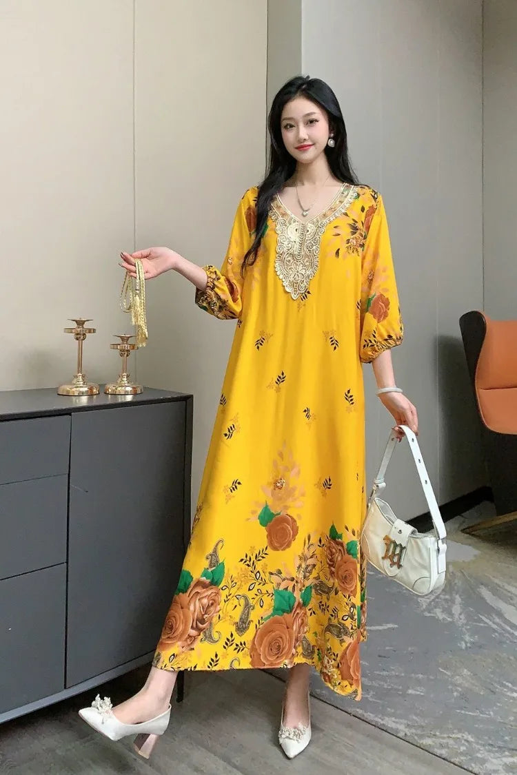 Casual Vintage Embroidery Muslim Dress