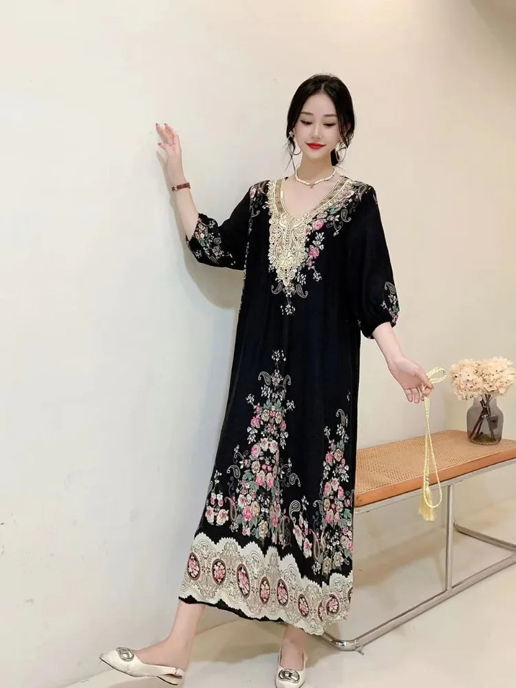 Casual Vintage Embroidery Muslim Dress