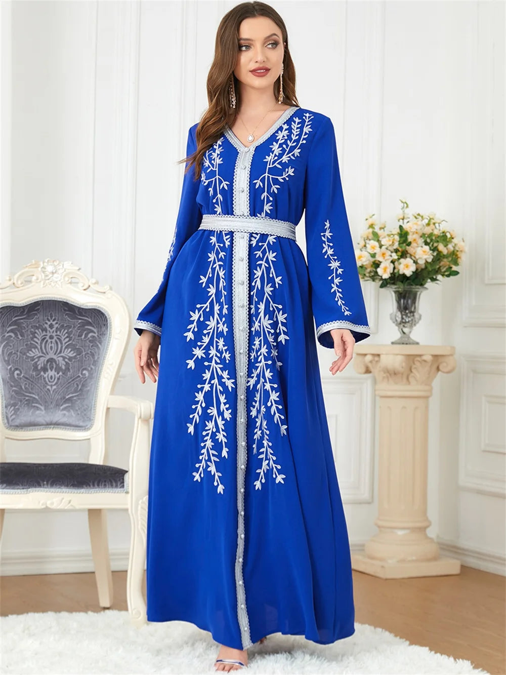 Trendy Dubai V-Neck Abaya Dress