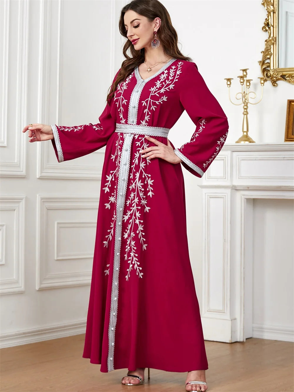 Trendy Dubai V-Neck Abaya Dress