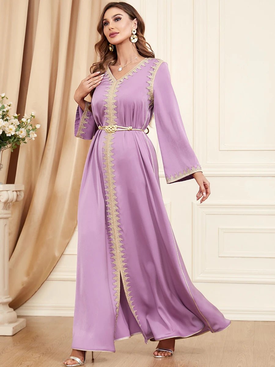 Dubai Style Belted V-Neck Abaya Maxi Dress