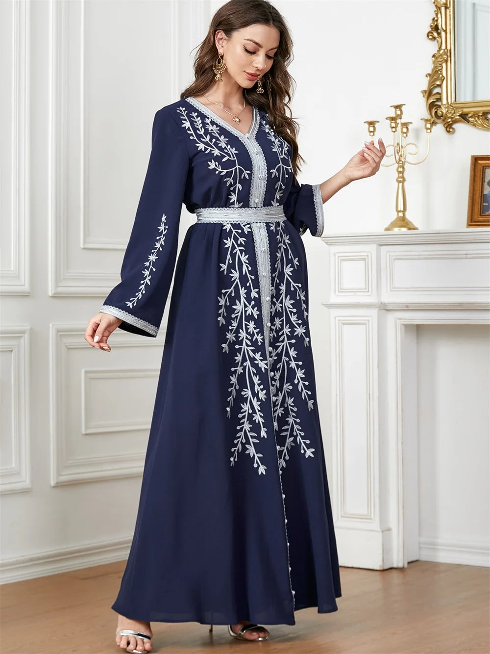 Trendy Dubai V-Neck Abaya Dress