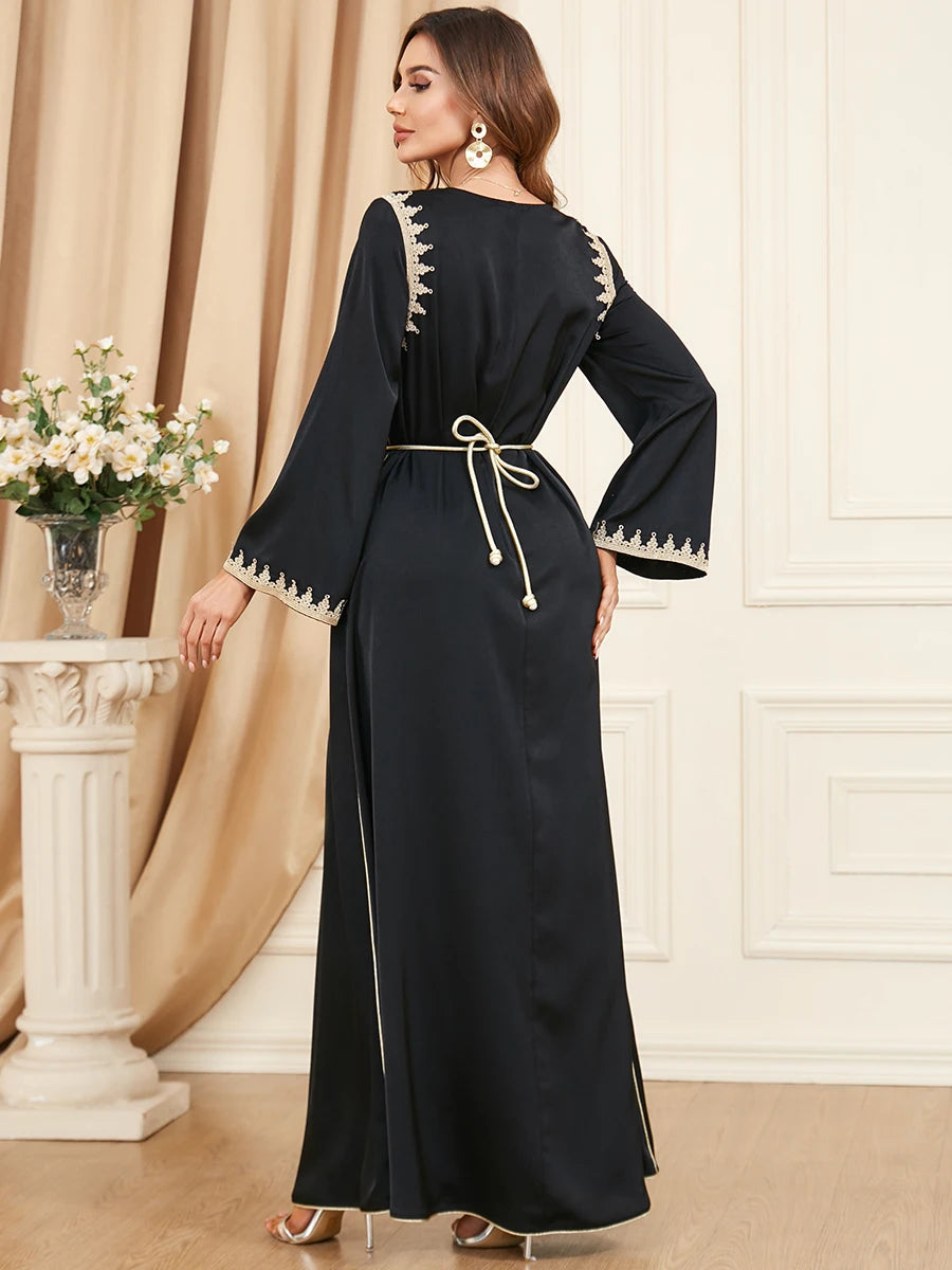 Dubai Style Belted V-Neck Abaya Maxi Dress