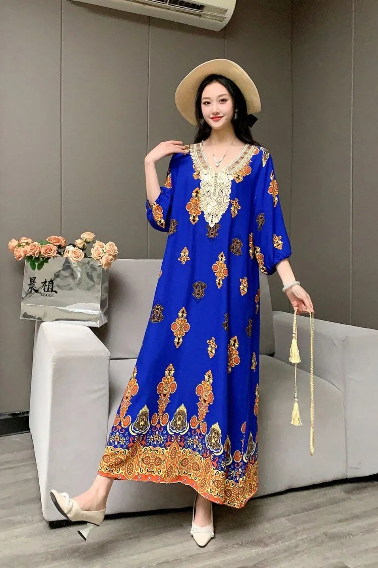 Casual Vintage Embroidery Muslim Dress