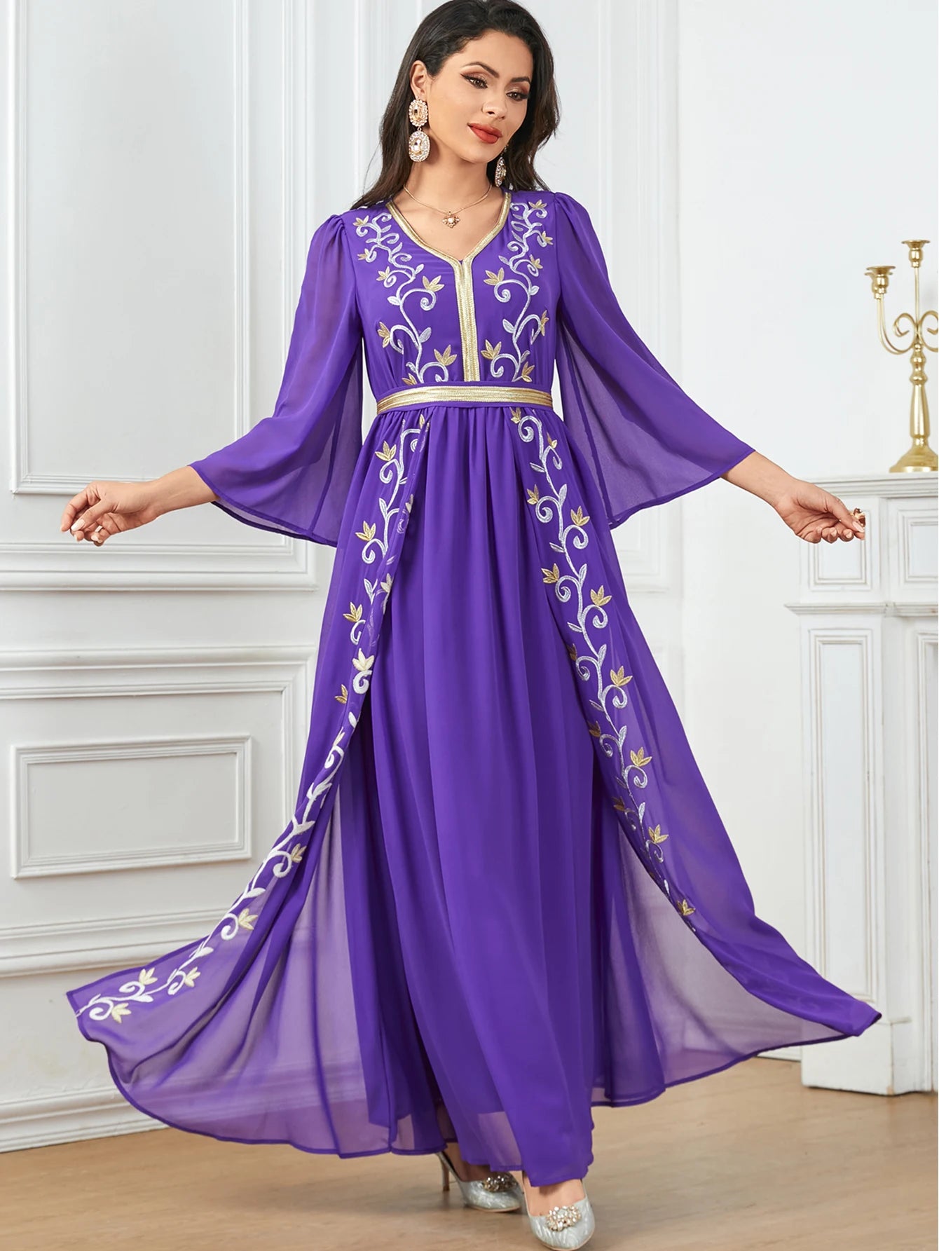 Elegant Embroidered Belted Long-Sleeve Party Dress