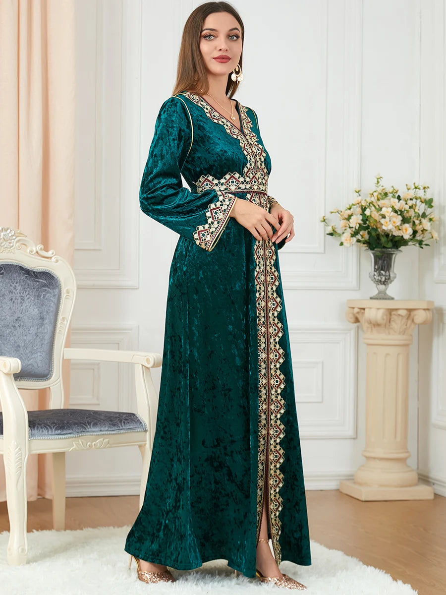 Velvet Embroidered Abaya - Dubai Style Dress