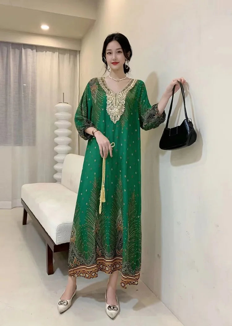 Casual Vintage Embroidery Muslim Dress