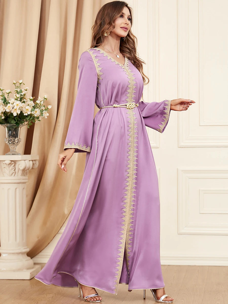 Dubai Style Belted V-Neck Abaya Maxi Dress