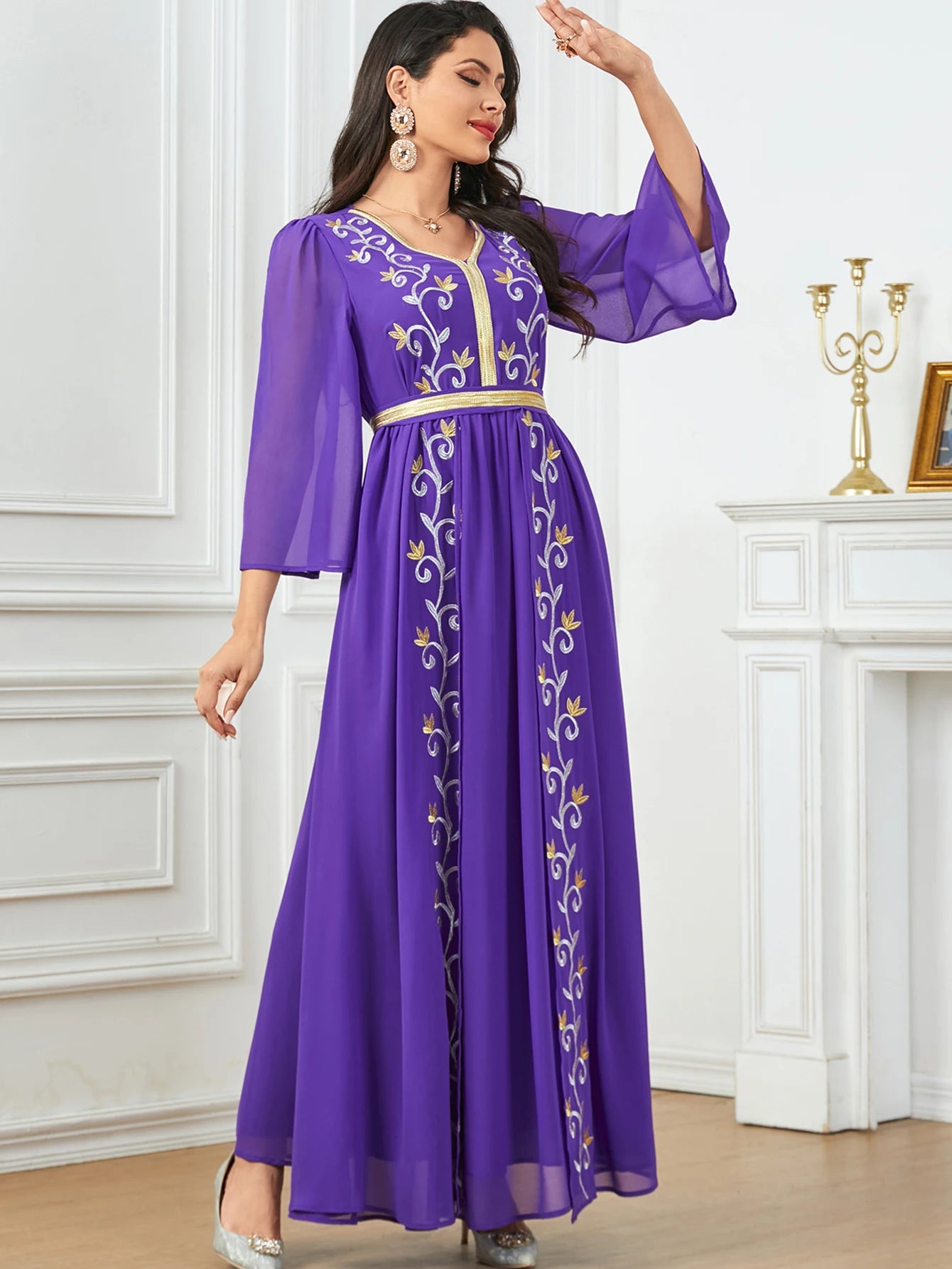 Elegant Embroidered Belted Long-Sleeve Party Dress