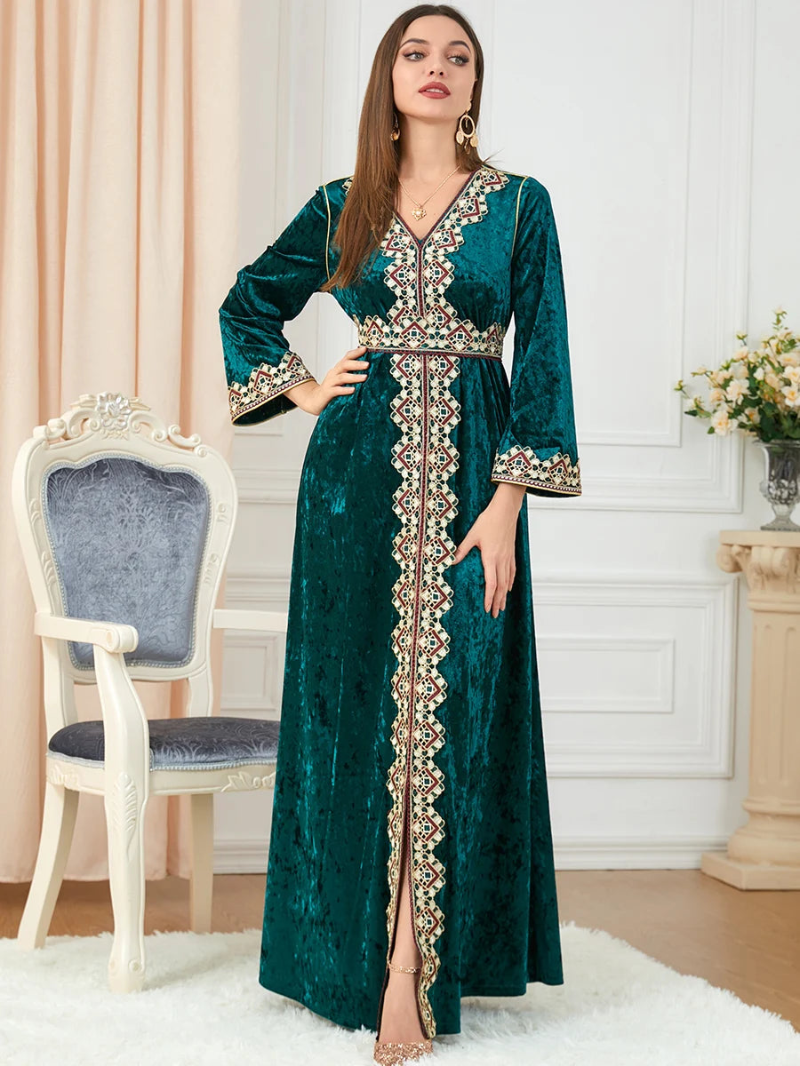 Velvet Embroidered Abaya - Dubai Style Dress